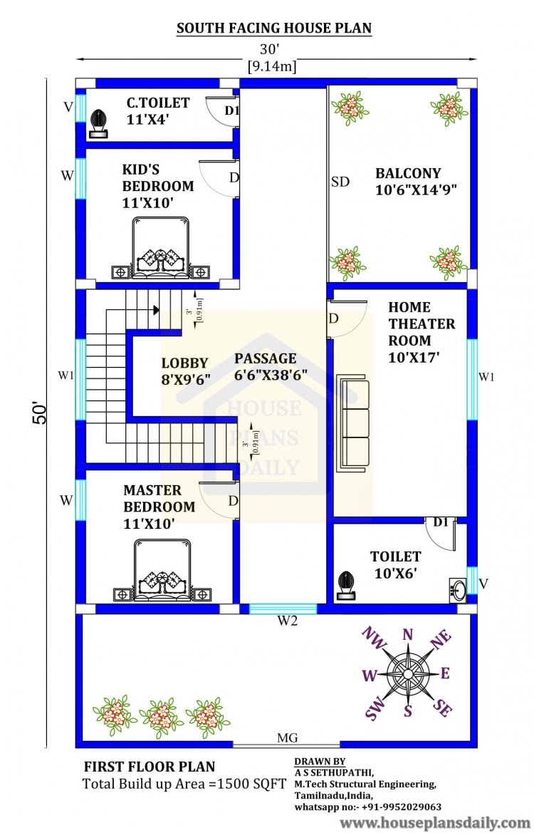 30x50 South Direction Vastu House Plan