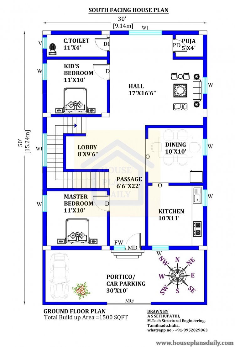 30x50 South Direction Vastu House Plan - House Plan and Designs |PDF Books