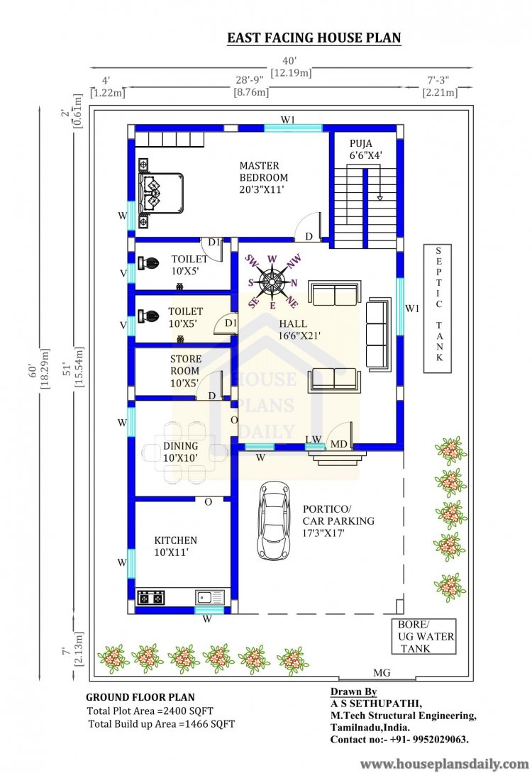 40x60 east facing home Vastu plan