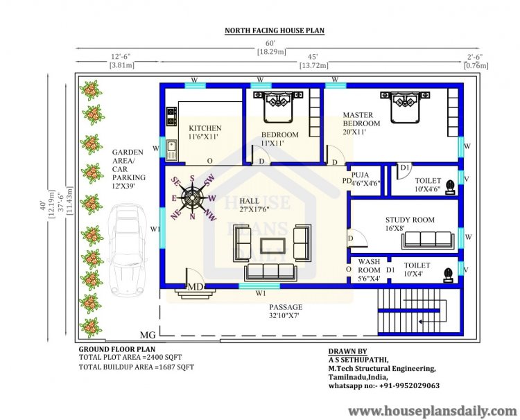 60x40  North Facing House Plans Design