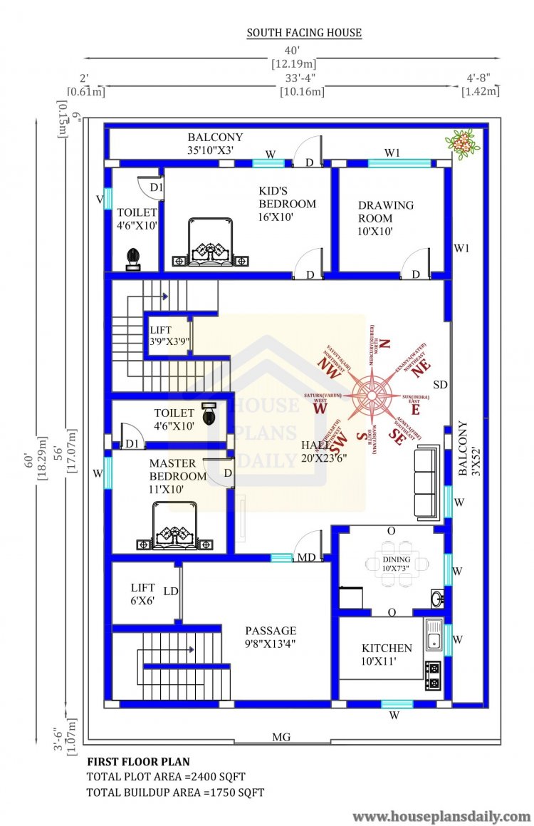 40x60 South Facing Home Plan Design As Per Vastu Shastra