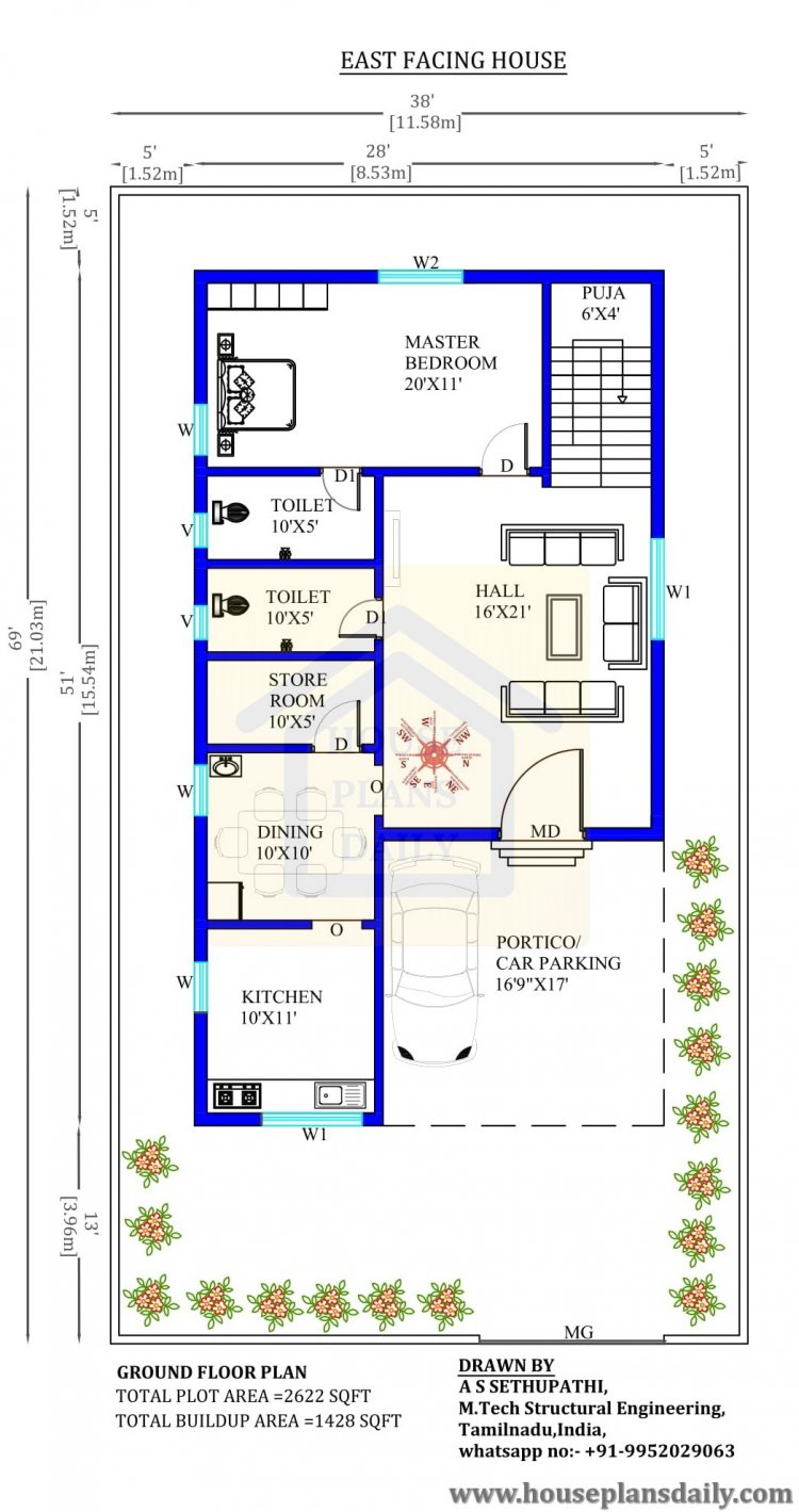 38x69 East Facing Home Plan With Vastu Shastra