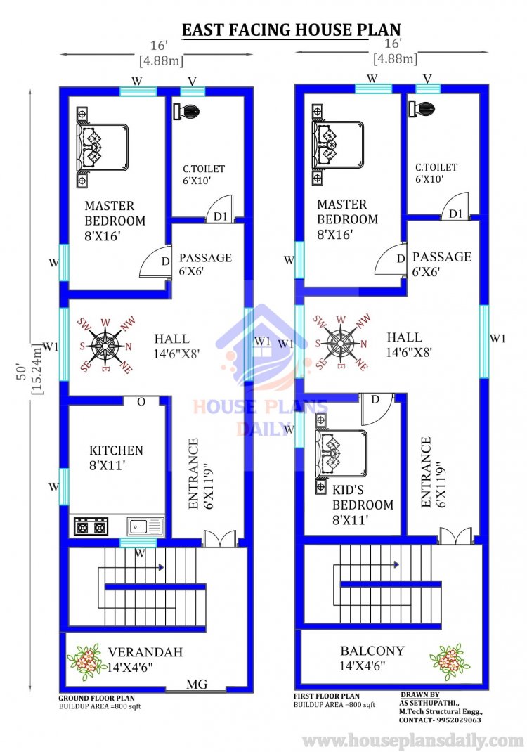 16x50 G+1 3BHK East Facing Home design