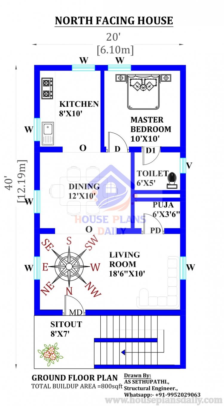 20x40  North Facing House Design as per Vastu