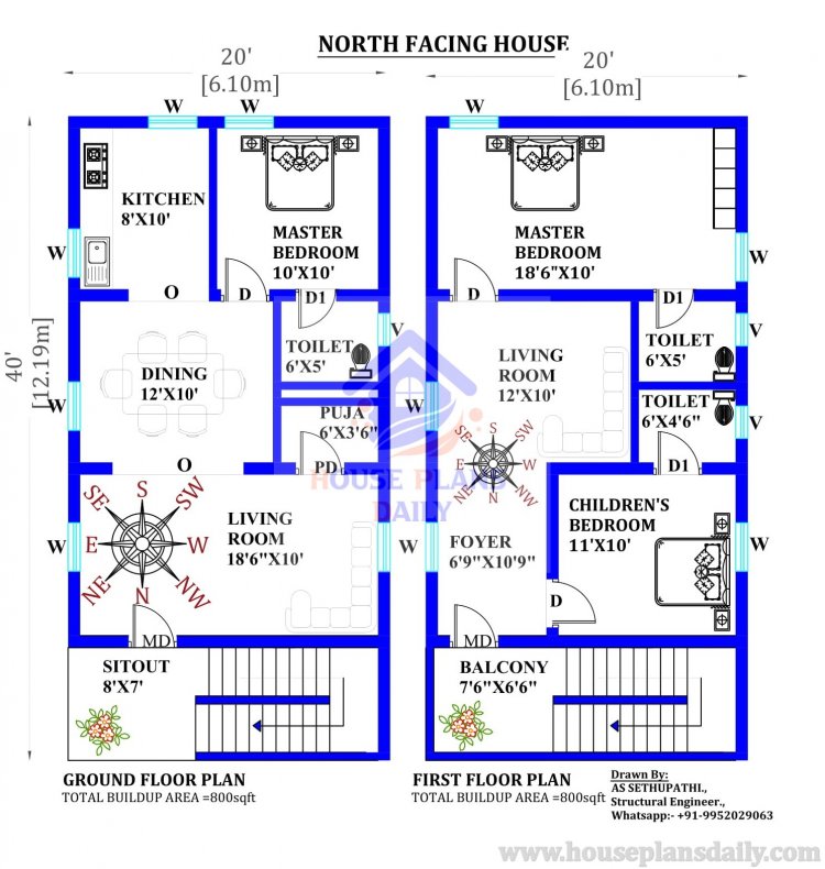 20x40  North Facing House Design as per Vastu