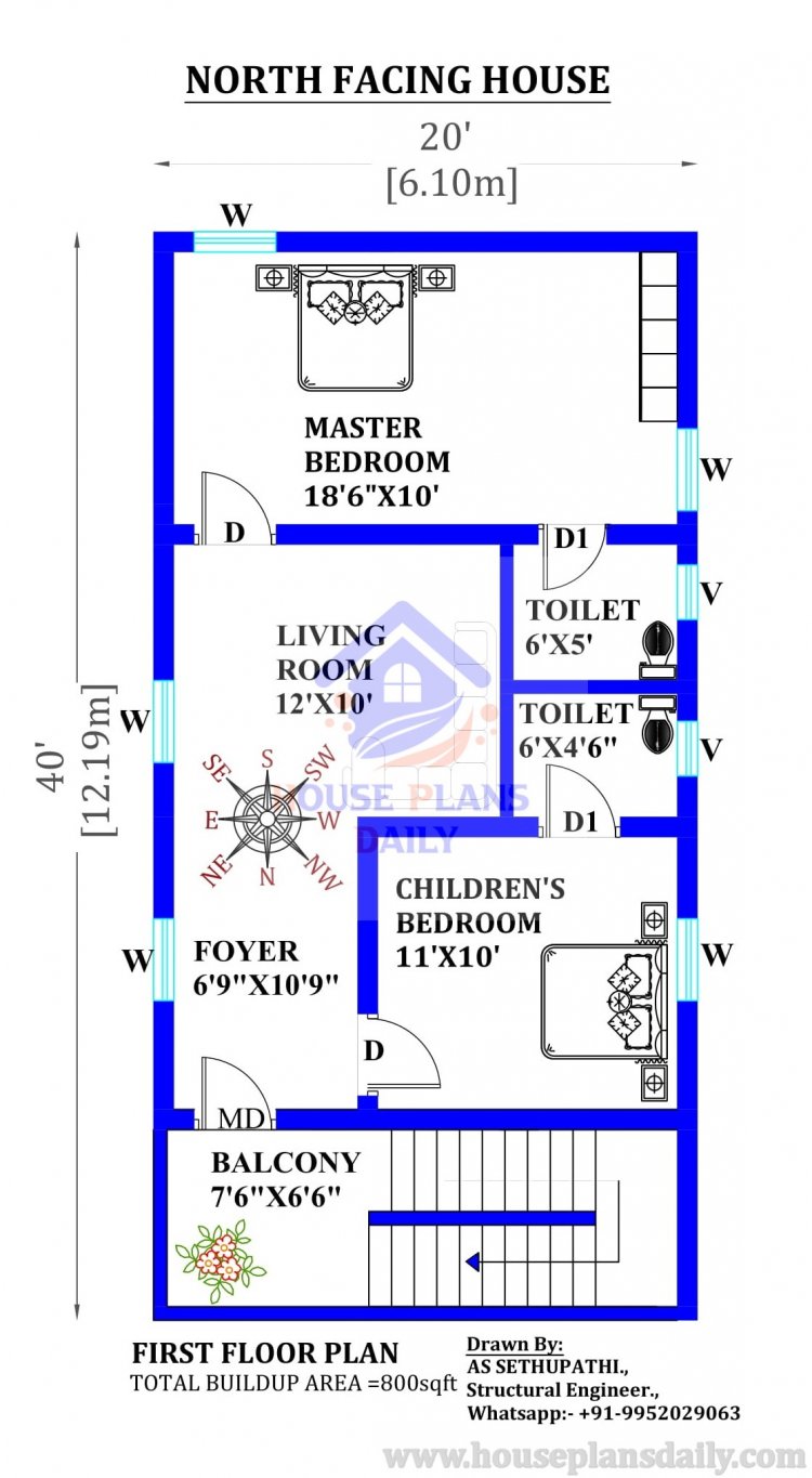 20x40  North Facing House Design as per Vastu