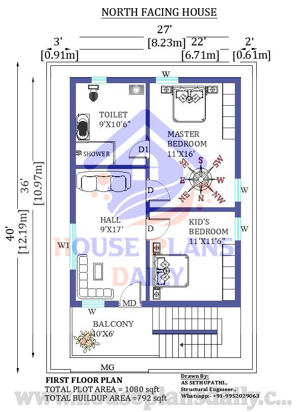 27x40 North facing House vastu plan