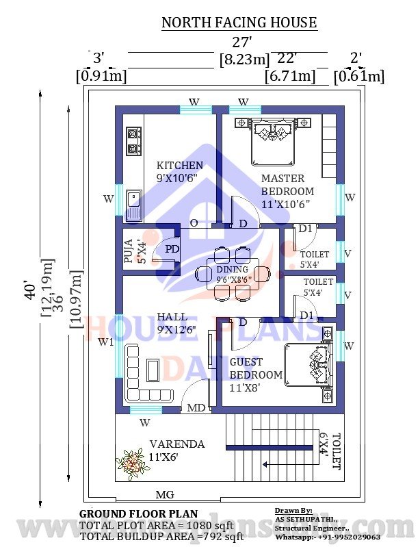 27x40 North facing House vastu plan