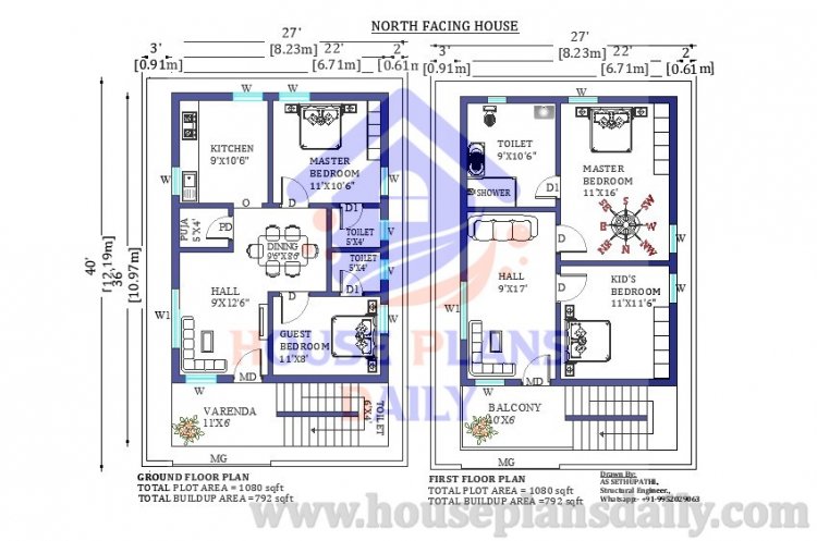 27x40 North facing House vastu plan