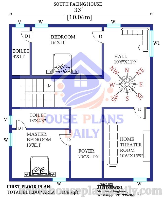 33x36  South Facing house plan with furniture design