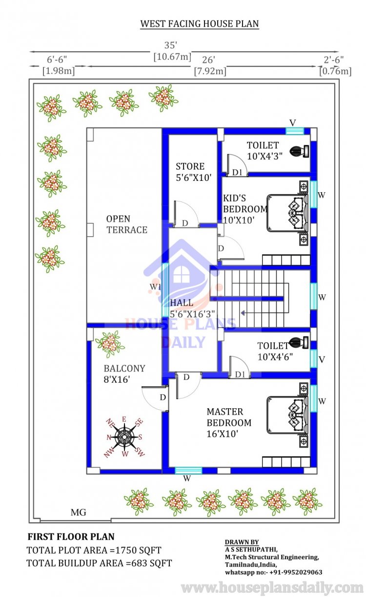 35x50 west facing duplex house plan as per vastu