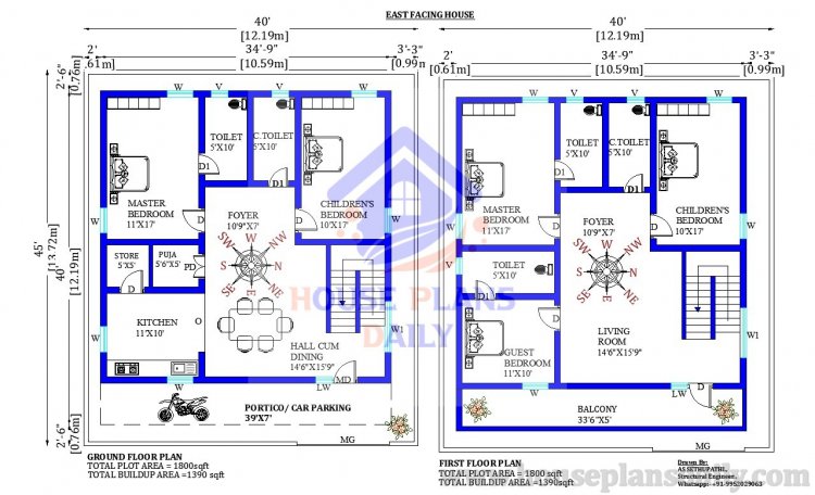 East facing duplex house plans| 5bhk home design