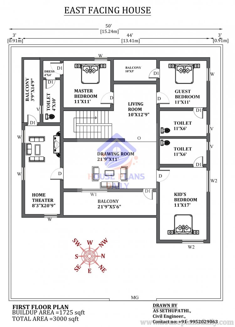 50x60 East Facing 3bhk House Plan