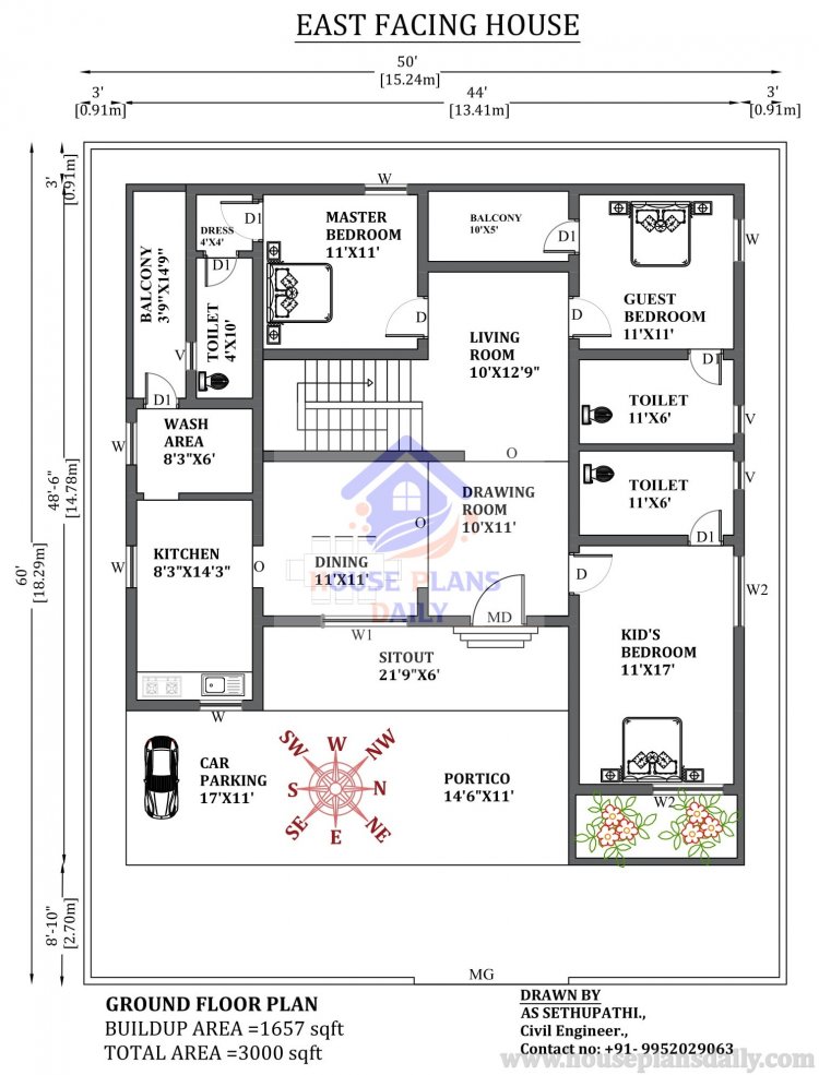 50x60 East Facing 3bhk House Plan