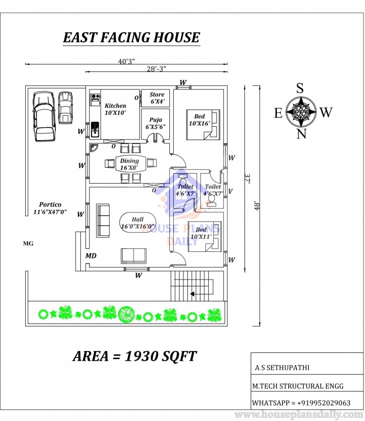 2bhk East facing House Plan As Per Vastu Shastra