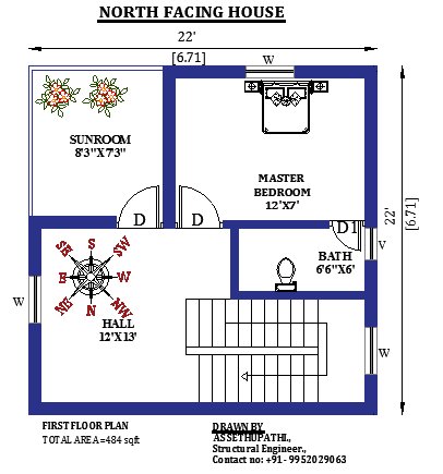 22x22  North Facing small House Design As Per Vastu Shastra