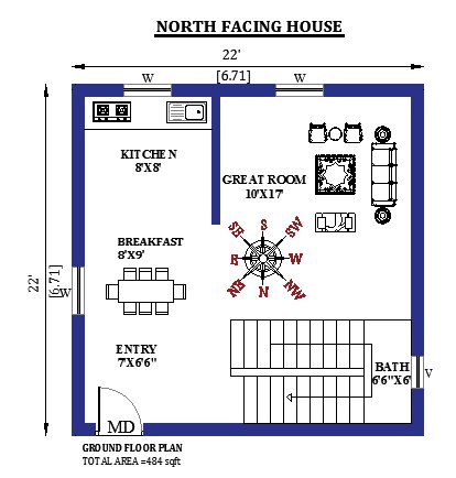 22x22  North Facing small House Design As Per Vastu Shastra