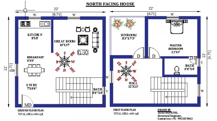 22x22  North Facing small House Design As Per Vastu Shastra
