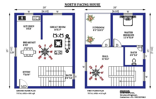 20x25 North Facing House plan as per Vastu Shastra