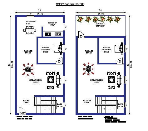 20x40  West Facing Duplex House Plans Per Vastu