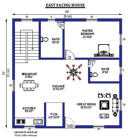 30x30 East facing House Plan with Vastu Shastra