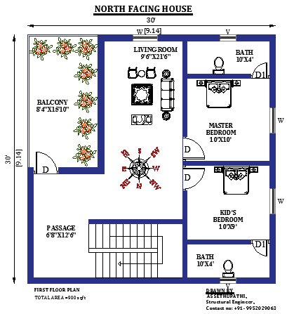 30x30 North Facing Vastu House Plan