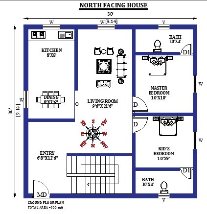 30x30 North Facing Vastu House Plan