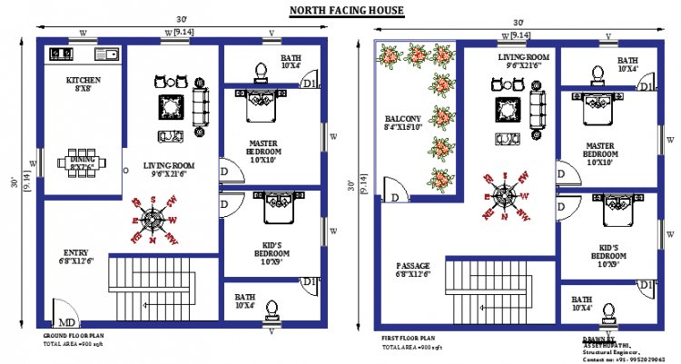 30x30 North Facing Vastu House Plan