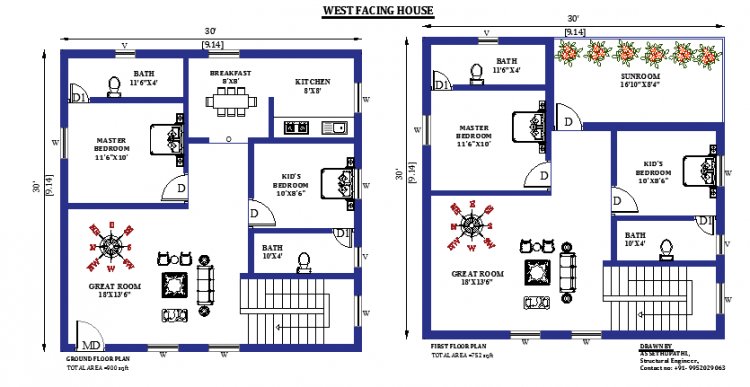 30x30 West Facing House Plan As Per Vastu Shastra