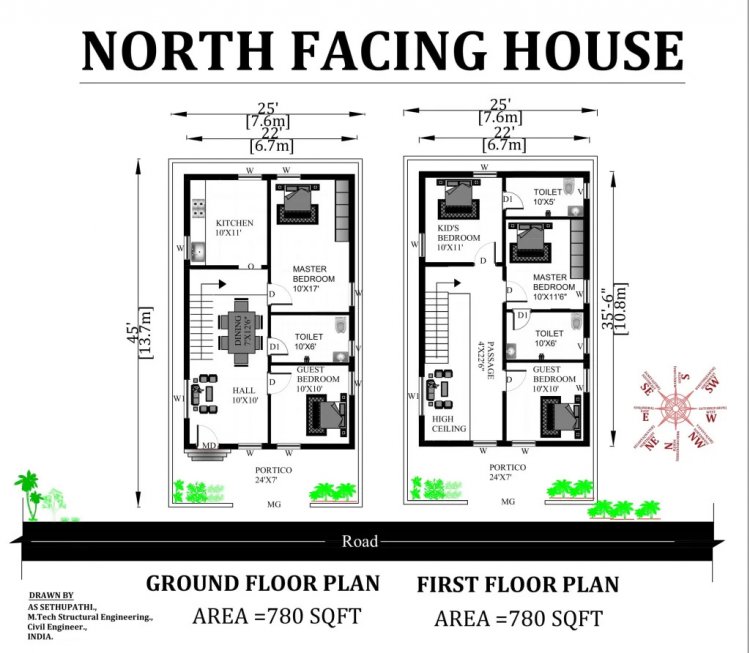 25X45 North facing House plan As per vastu Shastra