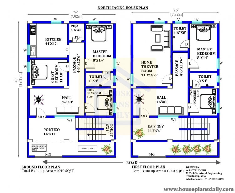 north facing house plans for 26x40 site