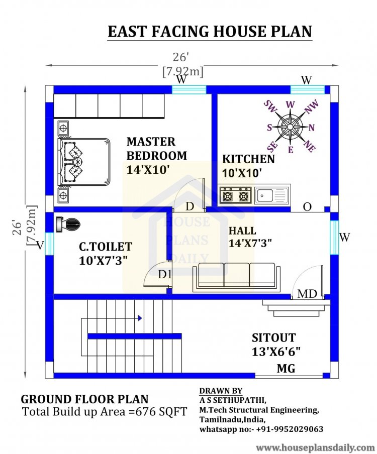 676 Sqft east facing house plans