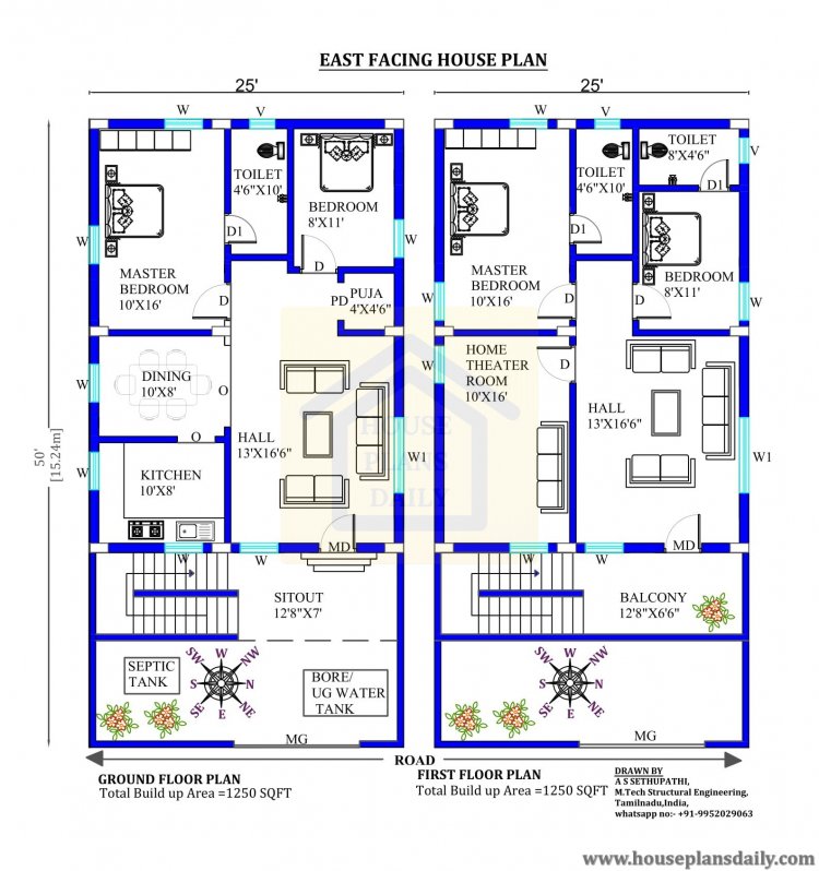 25x50  East Facing Floor Plan| East Facing House Plan