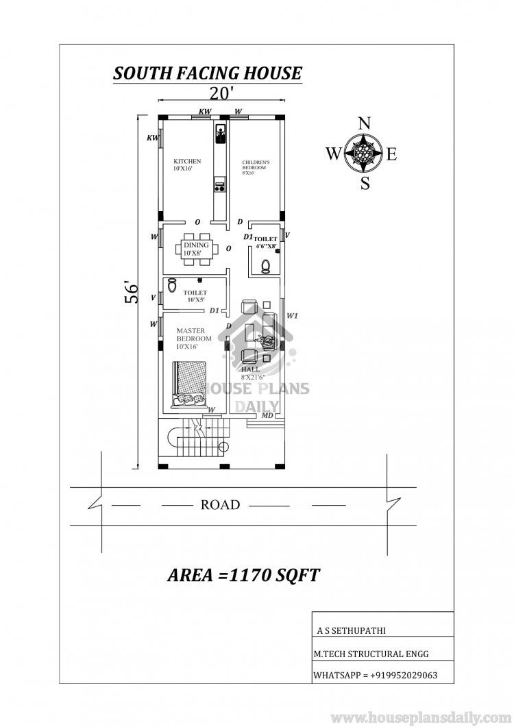 2bhk South facing Houseplan layout