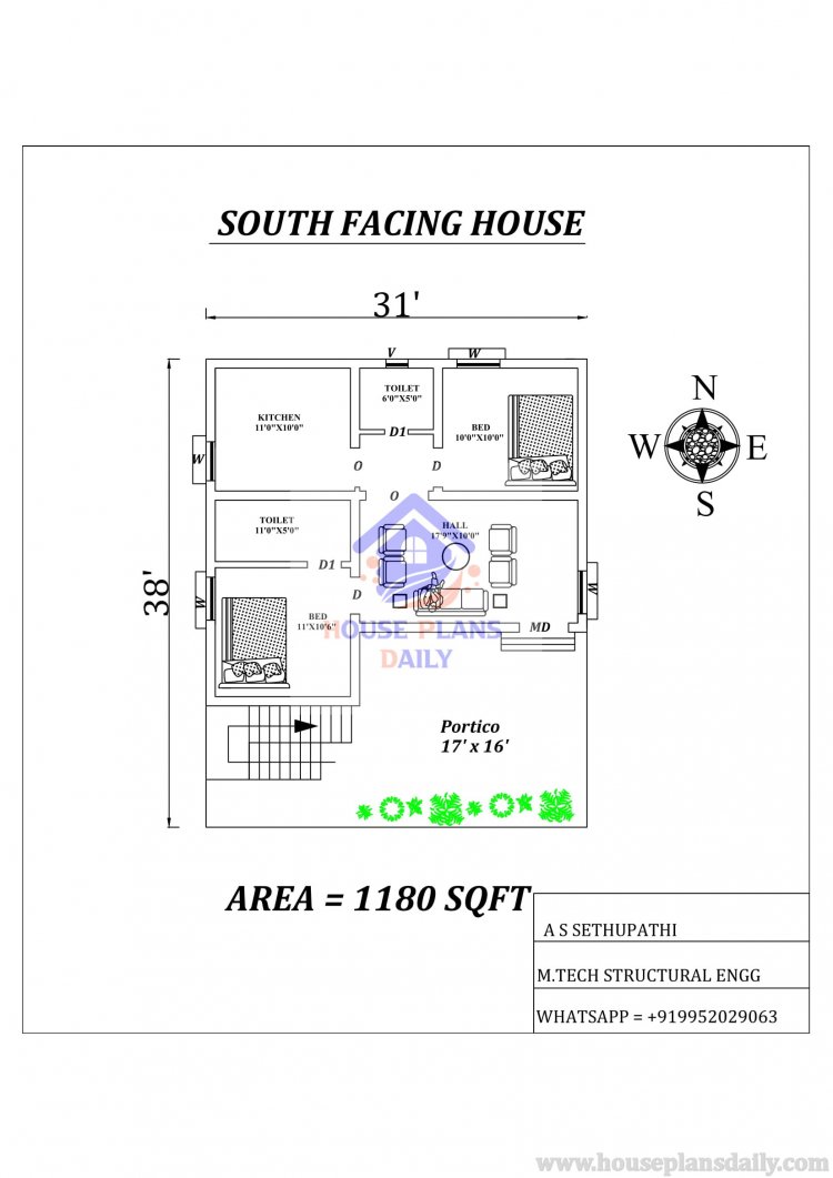 2bhk South facing House Plan Layout As Per Vastu Shastra