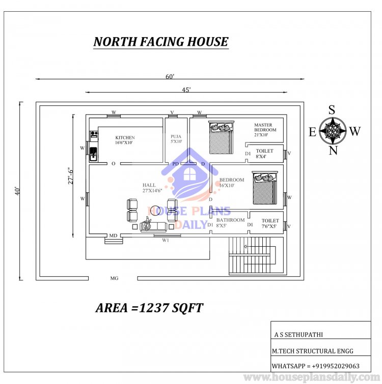 North facing 2bhk house plan as per Vastu Shastra