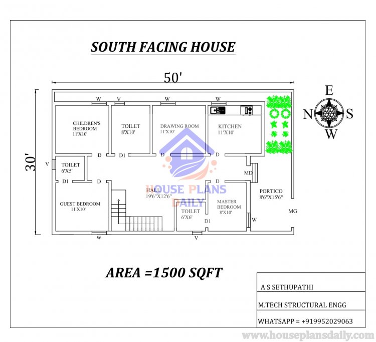 South Facing House plan drawing as per Vastu Shastra