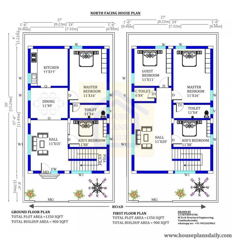 27x50 Modern North Facing Duplex House | North Facing Floor Plan