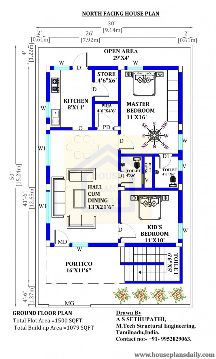 30x50 Simple North Facing Bungalow Design | North Facing Villa Plan