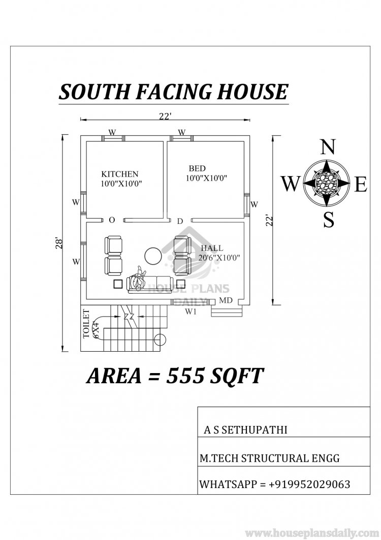   22x28 feet south facing house plan