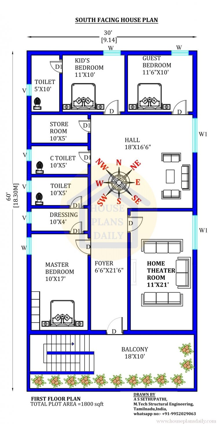 Dakshin Mukhi Ghar Ka Naksha | 30x60 Home Design As Per Vastu