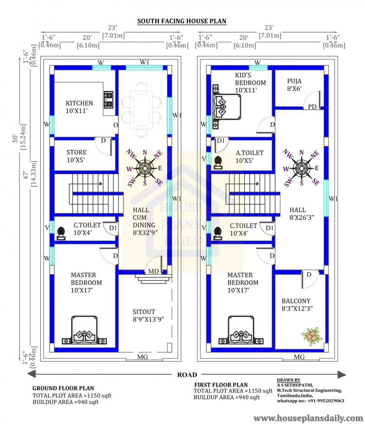 1150 sq ft house plans 3 bedroom | 23 50 house plan | 1150 SQFT home plan