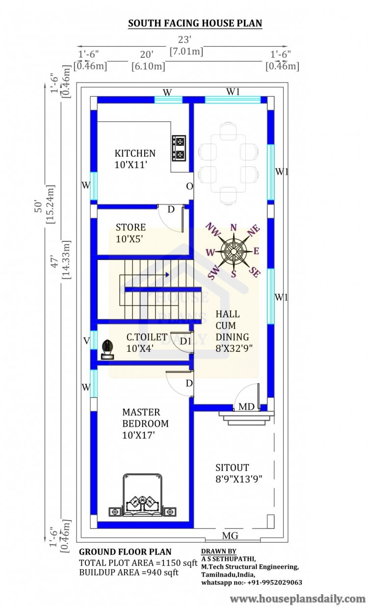 1150 sq ft house plans 3 bedroom | 23 50 house plan | 1150 SQFT home plan