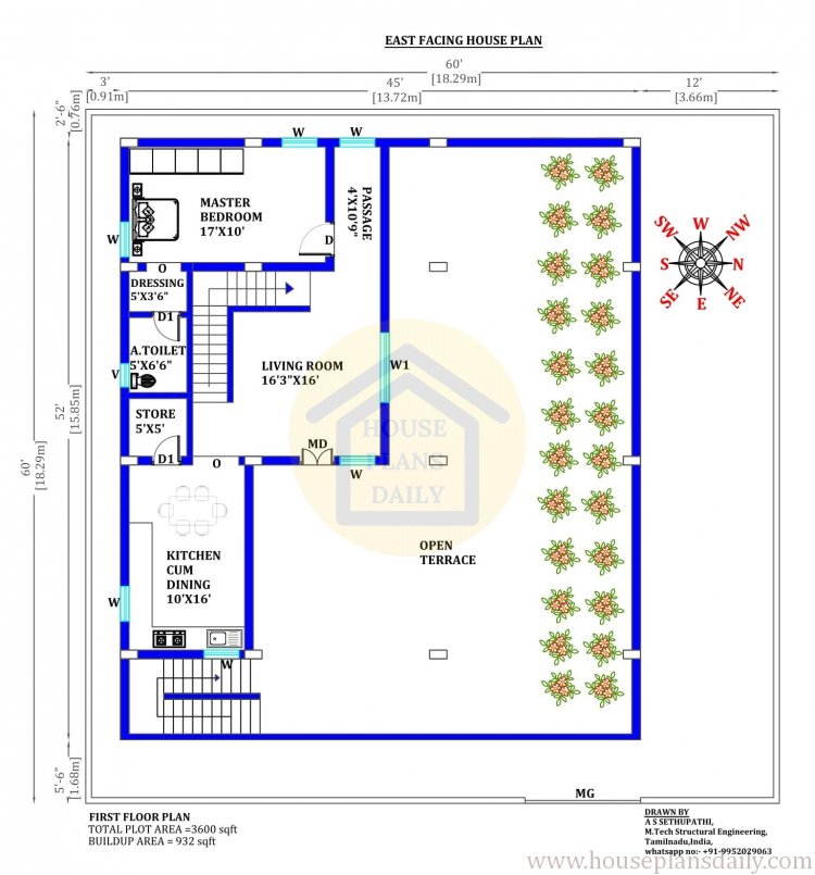 Modern Bungalow Design Plan | 60x60 East Facing Bungalow