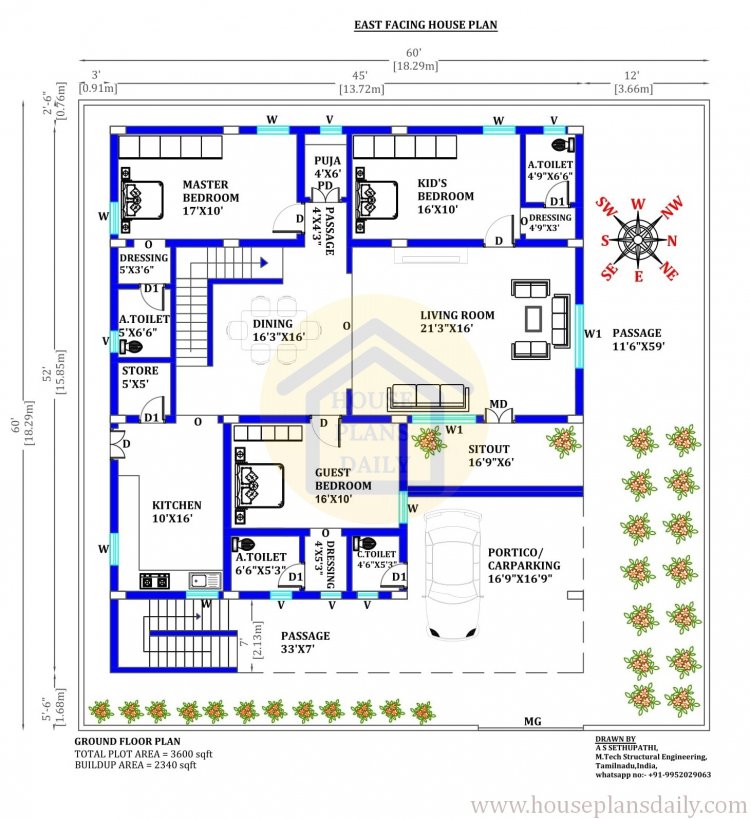 Modern Bungalow Design Plan | 60x60 East Facing Bungalow