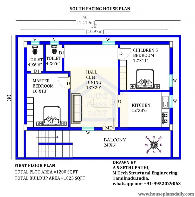 1200 sq ft 2bhk house plan 