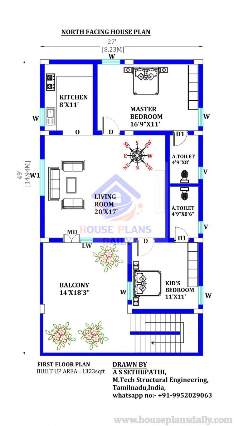 North Facing House Plan and Elevation | 2 bhk House Plan