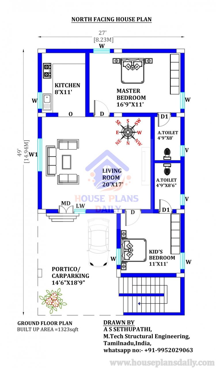 North Facing House Plan and Elevation | 2 bhk House Plan