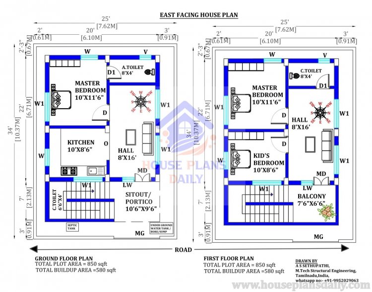 2 Bhk East Facing House Plan As Per Vastu 25x34 House Plan Design 
