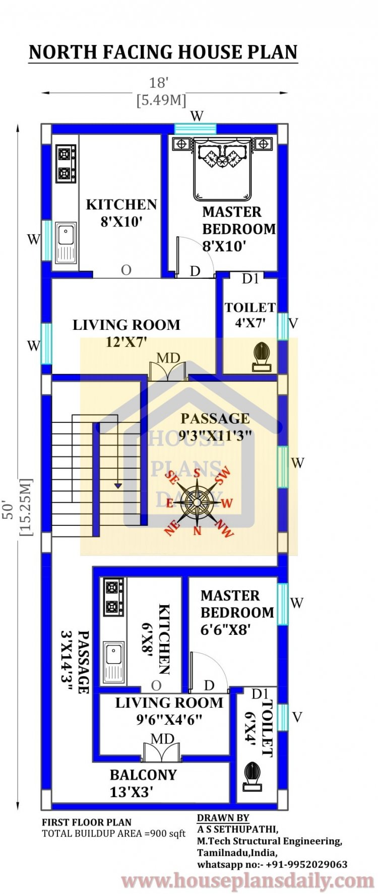 900 Sqft North Facing House Plan with Car Parking